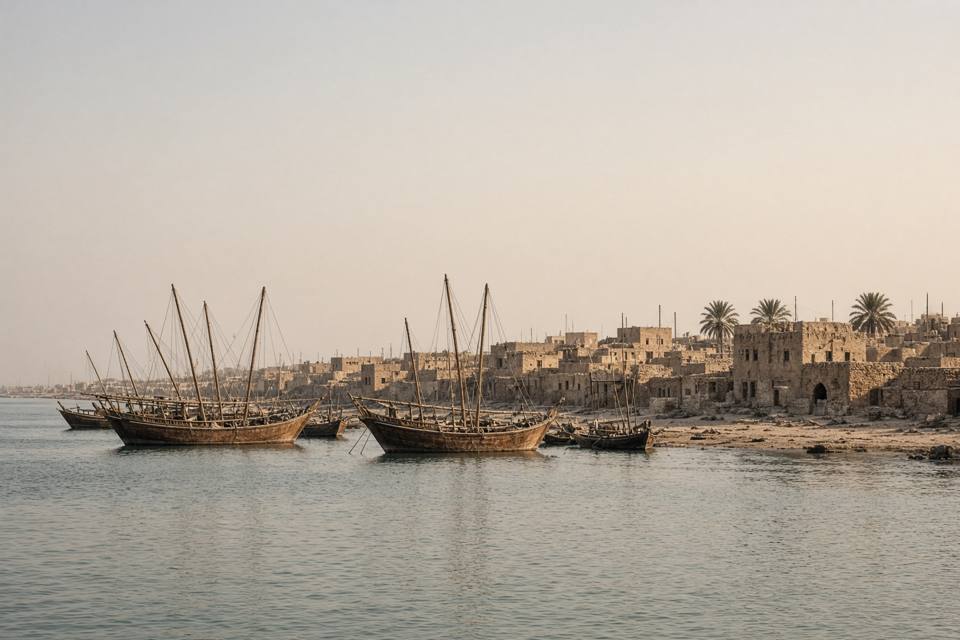 بحر الكويت، والمراكب على الساحل الذي مات عنده سنة ١٢٤٧